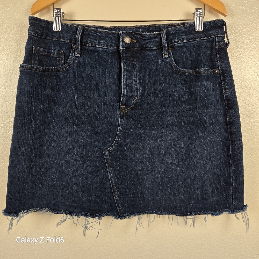 Old Navy High-Rise Denim Skirt 14 Button Fly Secret-Slim Pockets Raw Hem Stretch
